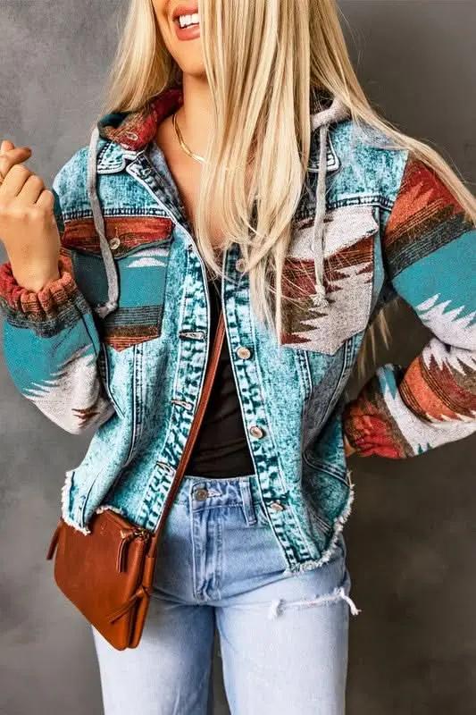 Geometric Print Frayed Hem Denim Jacket - Love Salve